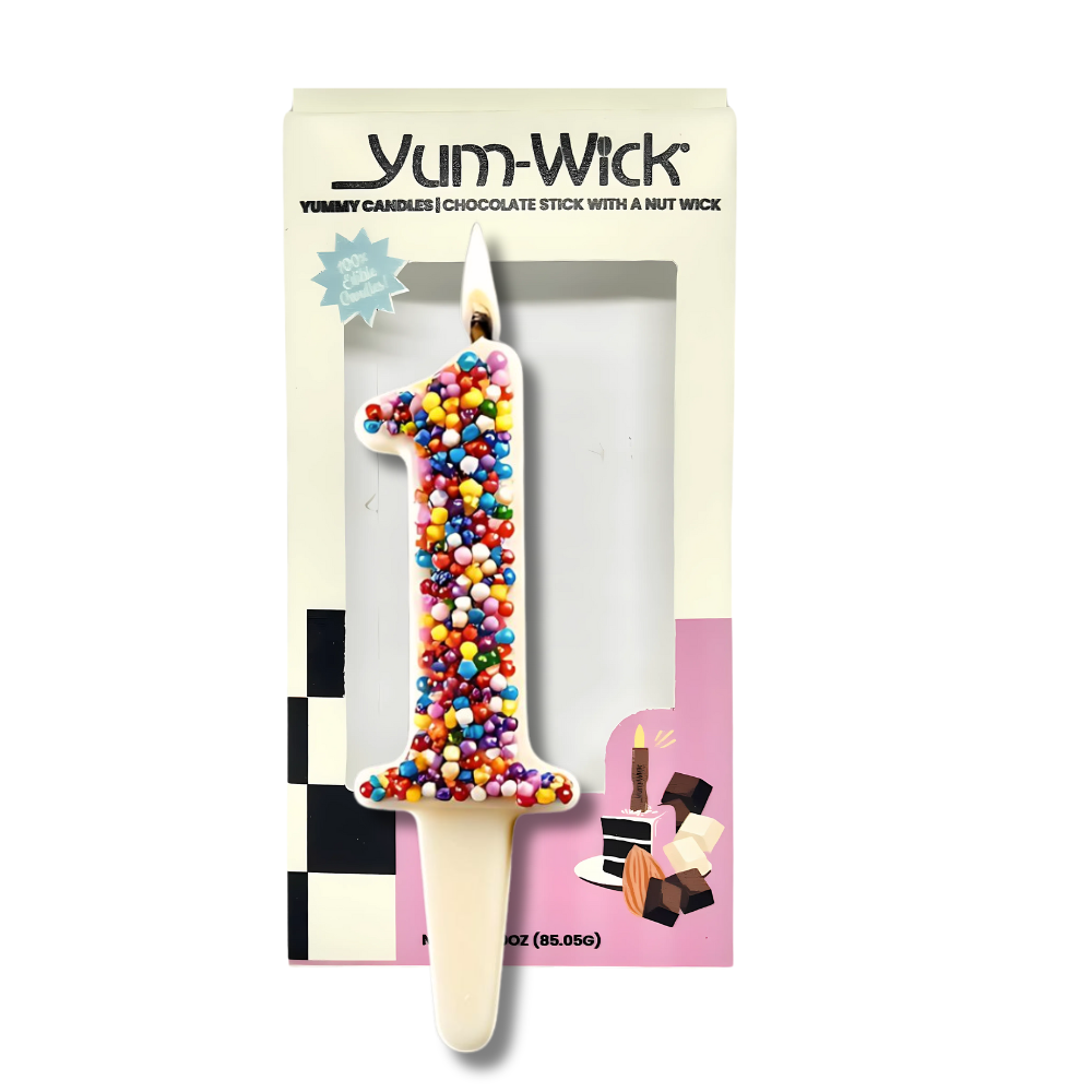 White Chocolate Number Candle – Yum-Wick® Edible Candle with Almond Wick (Kosher + Rainbow Nonpareils)