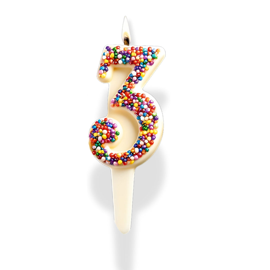 White Chocolate Number Candle – Yum-Wick® Edible Candle with Almond Wick (Kosher + Rainbow Nonpareils)
