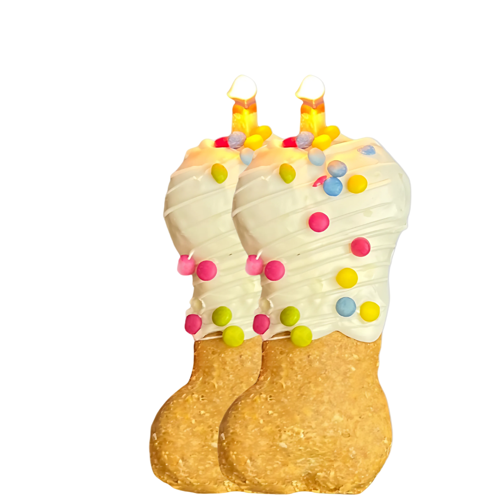 bundle of two edible dog cookie candles for birthdays with icing, colorful sprinkles and a small flammable almond wick