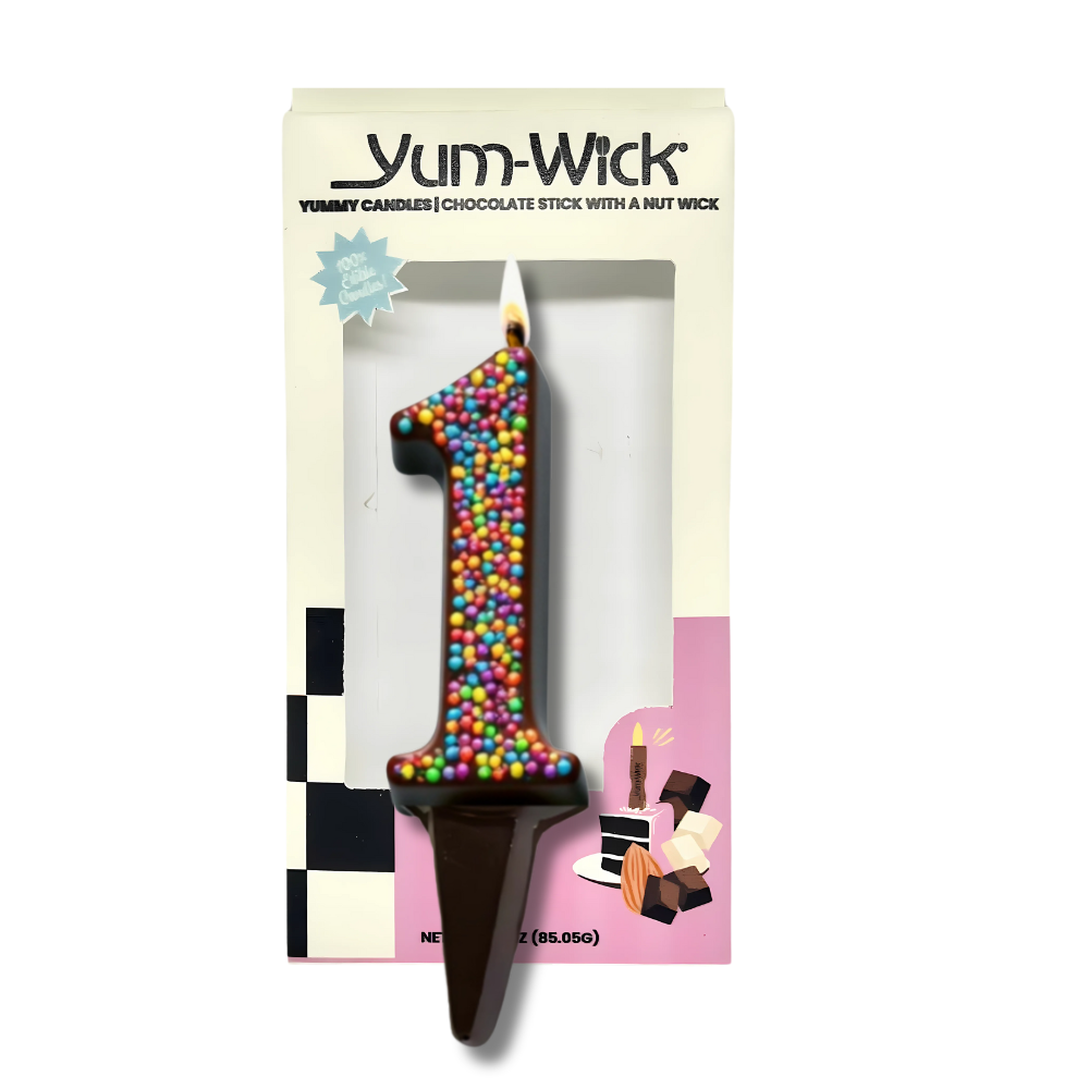 Yum-Wick® Dark Chocolate Edible Birthday Candle w. Rainbow Nonpareils- Patented Almond Wick, Self-Extinguishing Flame
