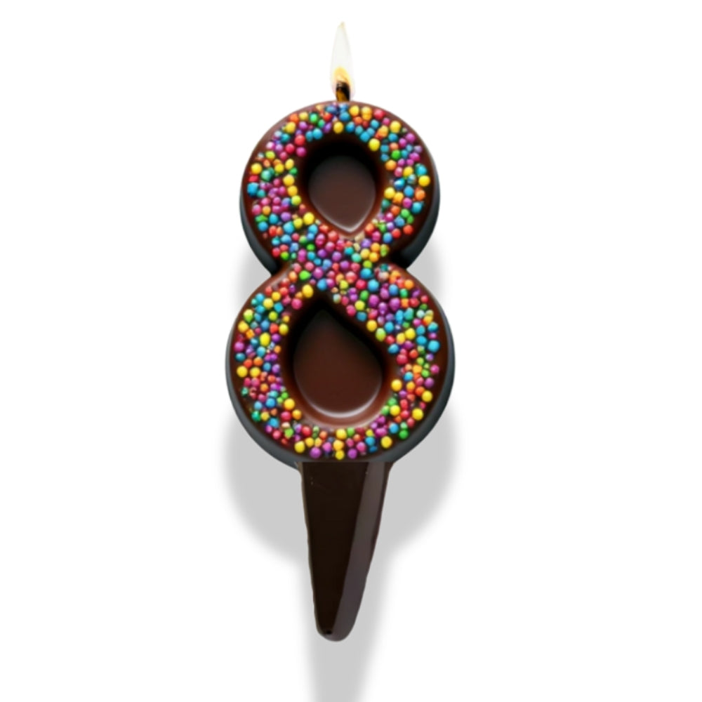 Yum-Wick® Dark Chocolate Edible Birthday Candle w. Rainbow Nonpareils- Patented Almond Wick, Self-Extinguishing Flame