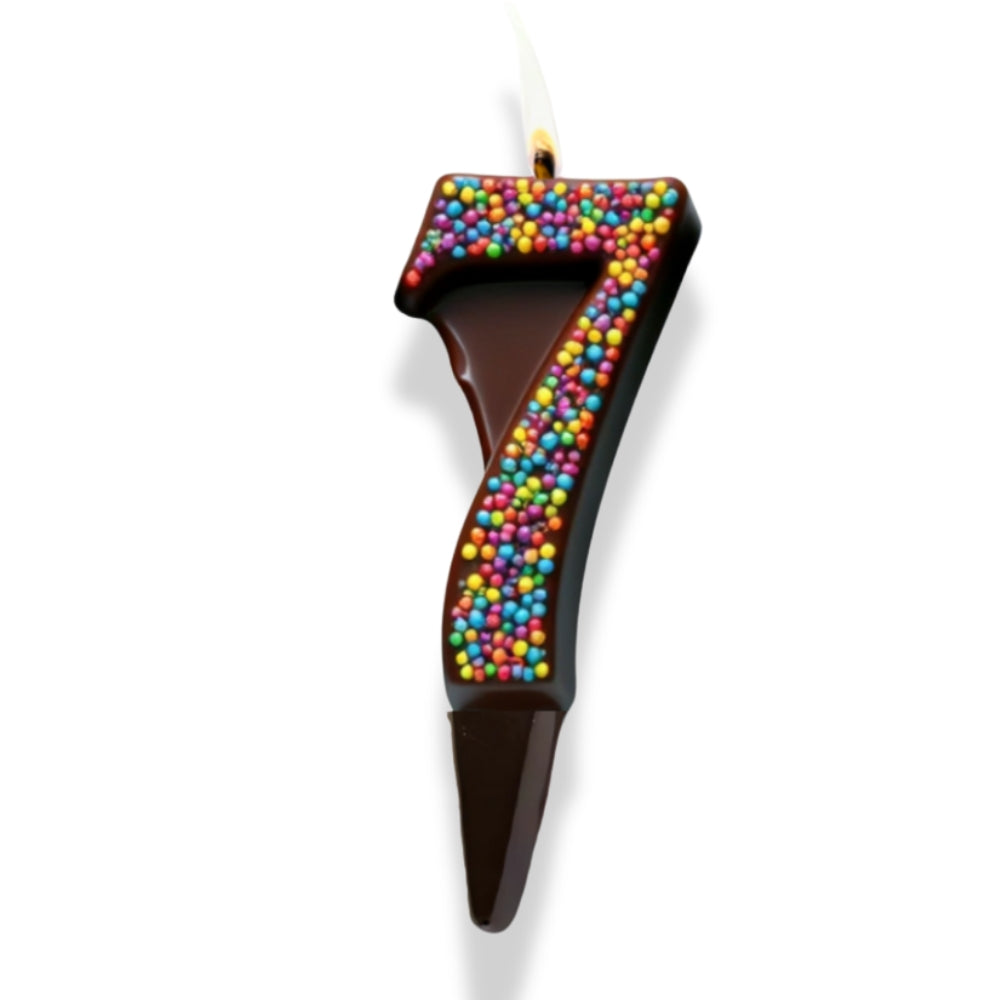 Yum-Wick® Dark Chocolate Edible Birthday Candle w. Rainbow Nonpareils- Patented Almond Wick, Self-Extinguishing Flame