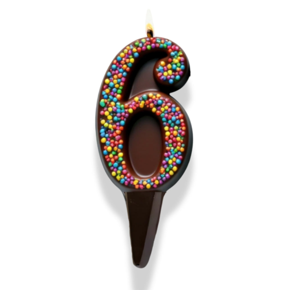 Yum-Wick® Dark Chocolate Edible Birthday Candle w. Rainbow Nonpareils- Patented Almond Wick, Self-Extinguishing Flame