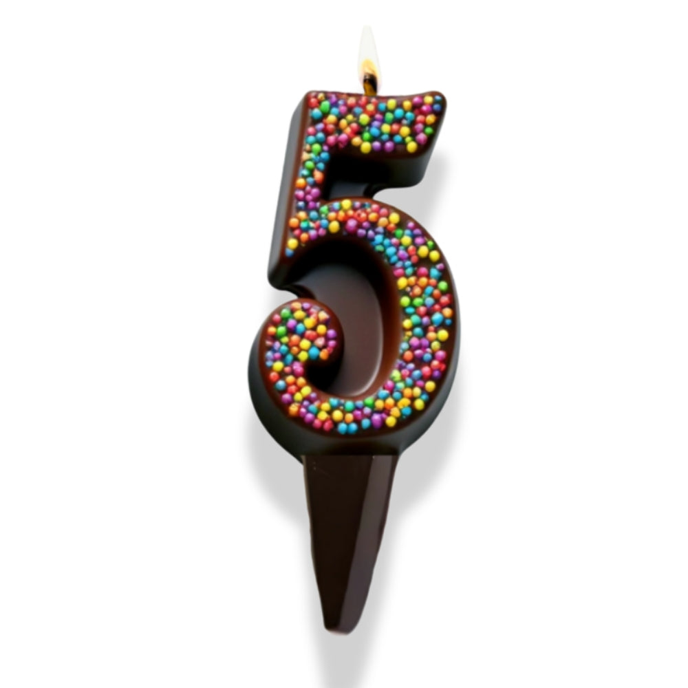 Yum-Wick® Dark Chocolate Edible Birthday Candle w. Rainbow Nonpareils- Patented Almond Wick, Self-Extinguishing Flame