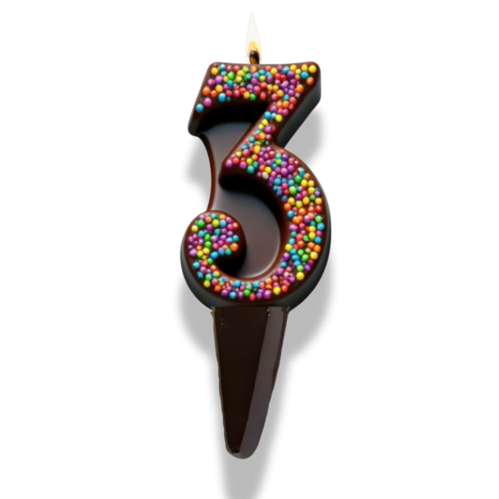 Yum-Wick® Dark Chocolate Edible Birthday Candle w. Rainbow Nonpareils- Patented Almond Wick, Self-Extinguishing Flame
