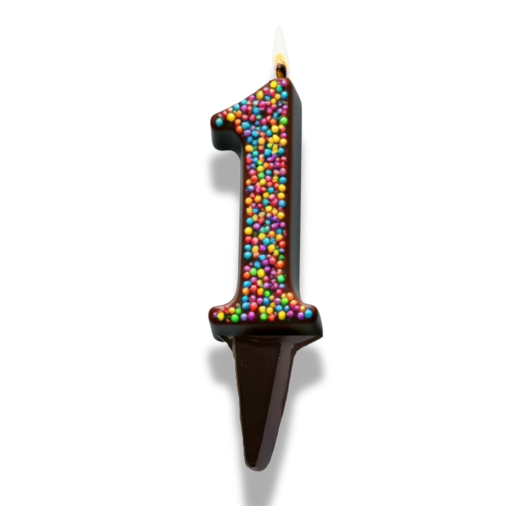 Yum-Wick® Dark Chocolate Edible Birthday Candle w. Rainbow Nonpareils- Patented Almond Wick, Self-Extinguishing Flame