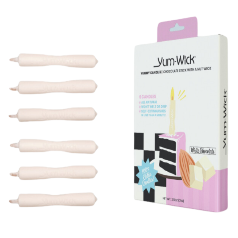 Yum-Wick Completely Edible Creamy white chocolate branded stick candles with a flammable nut wick. Simply light and bite!