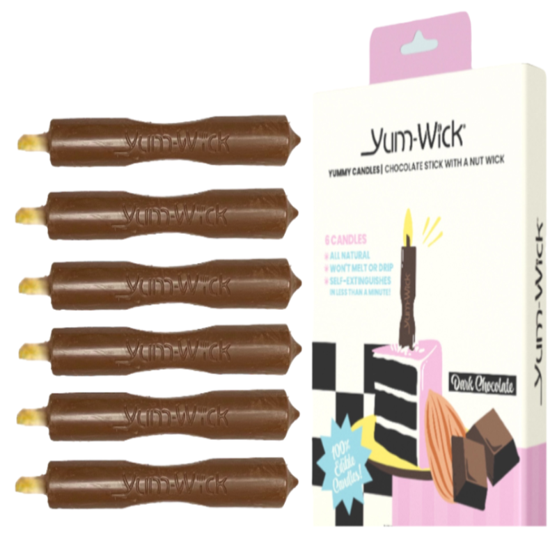 Yum-Wick Completely Edible Artisan Dark Chocolate branded stick candles wtih a flammable nut wick. Simply light and bite!