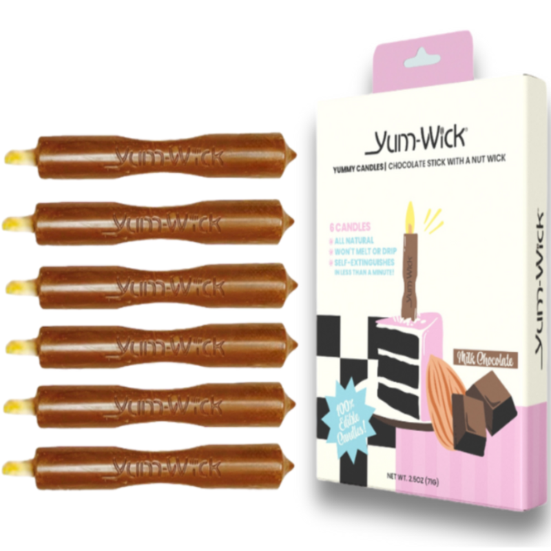 Yum-Wick Completely Edible Insta-Famous Milk Chocolate branded party sticks with flammable nut wick. Simply light and bite!