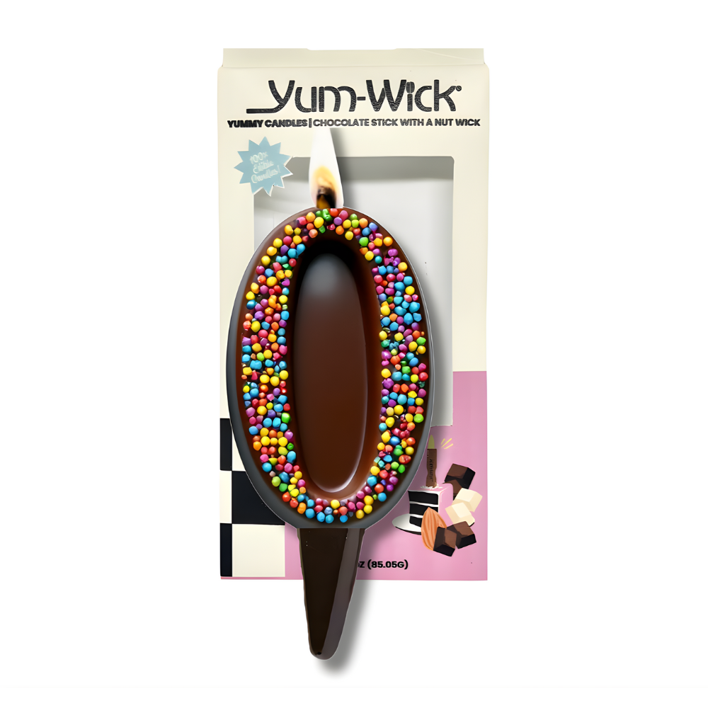 Yum-Wick® Dark Chocolate Edible Birthday Candle w. Rainbow Nonpareils- Patented Almond Wick, Self-Extinguishing Flame