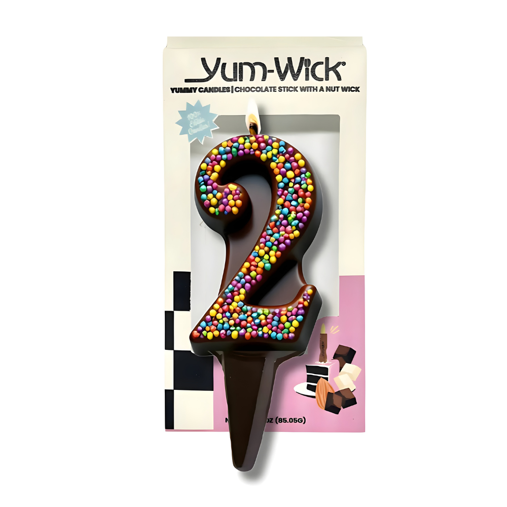 Yum-Wick® Dark Chocolate Edible Birthday Candle w. Rainbow Nonpareils- Patented Almond Wick, Self-Extinguishing Flame