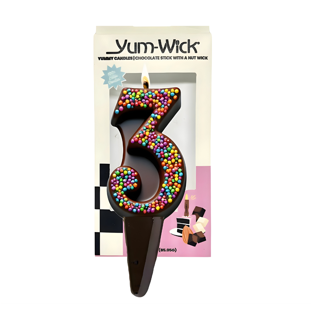 Yum-Wick® Dark Chocolate Edible Birthday Candle w. Rainbow Nonpareils- Patented Almond Wick, Self-Extinguishing Flame