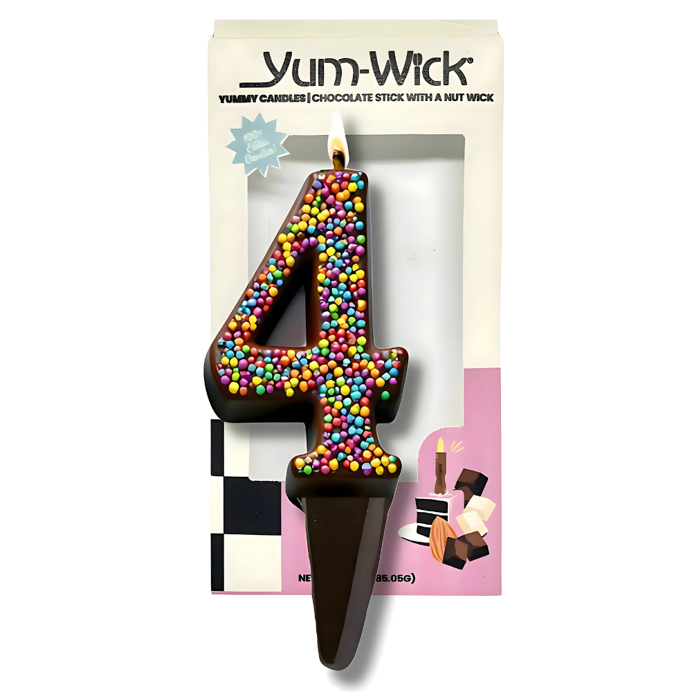 Yum-Wick® Dark Chocolate Edible Birthday Candle w. Rainbow Nonpareils- Patented Almond Wick, Self-Extinguishing Flame