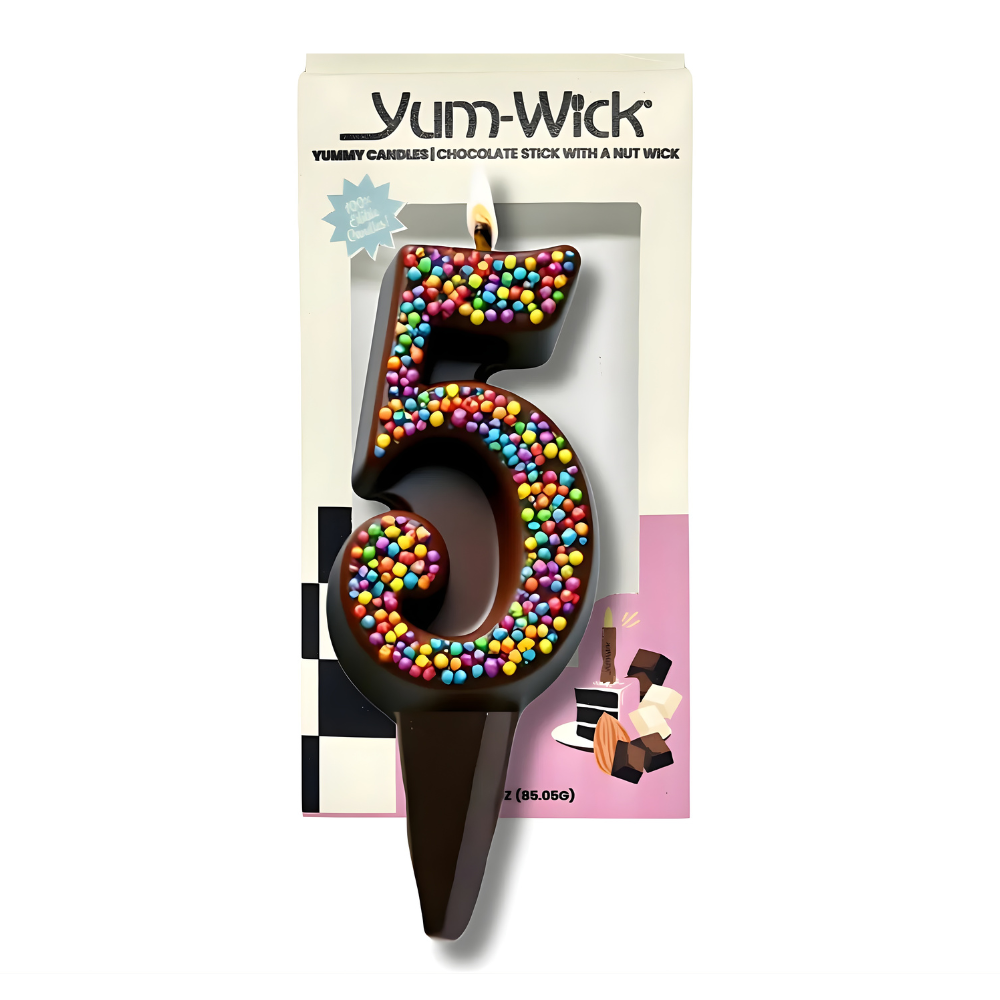 Yum-Wick® Dark Chocolate Edible Birthday Candle w. Rainbow Nonpareils- Patented Almond Wick, Self-Extinguishing Flame