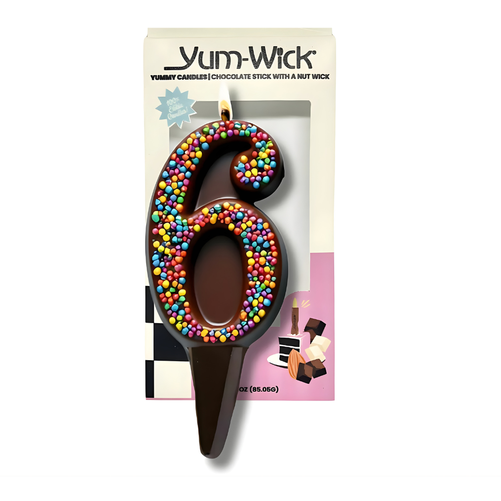 Yum-Wick® Dark Chocolate Edible Birthday Candle w. Rainbow Nonpareils- Patented Almond Wick, Self-Extinguishing Flame