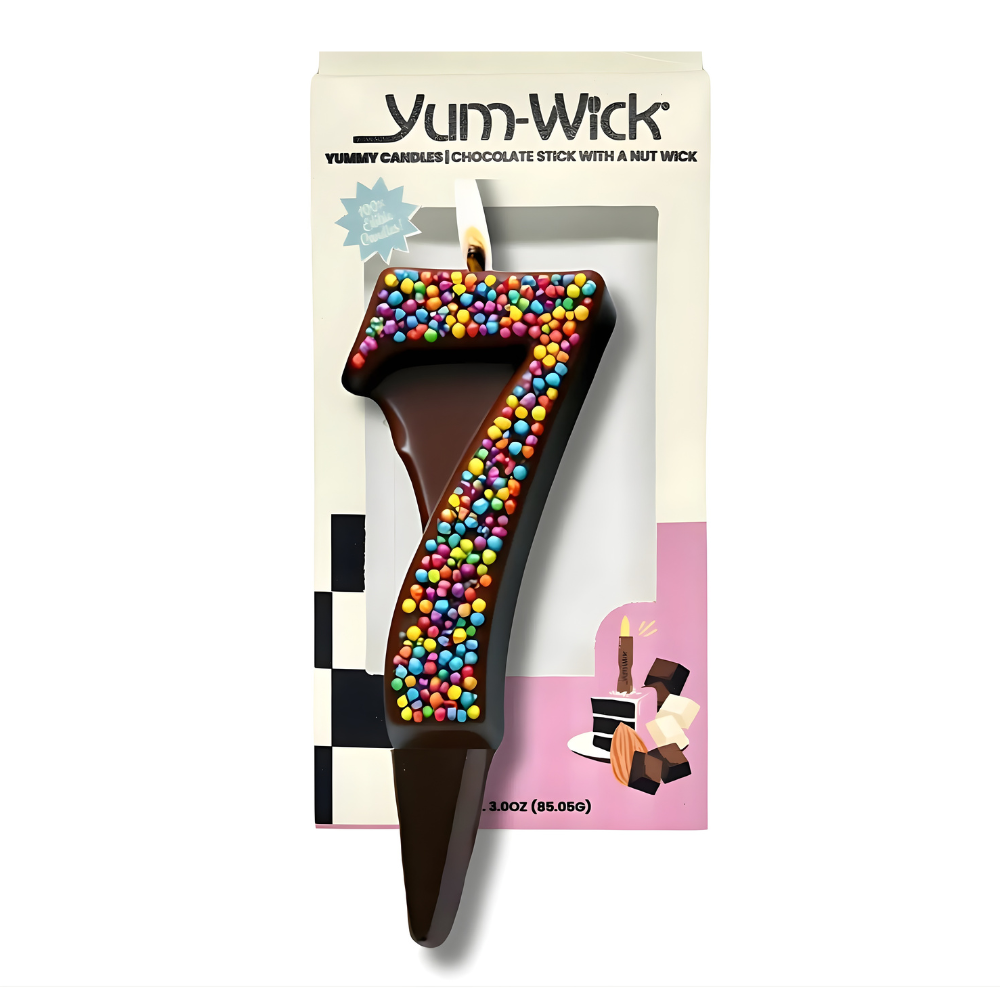 Yum-Wick® Dark Chocolate Edible Birthday Candle w. Rainbow Nonpareils- Patented Almond Wick, Self-Extinguishing Flame