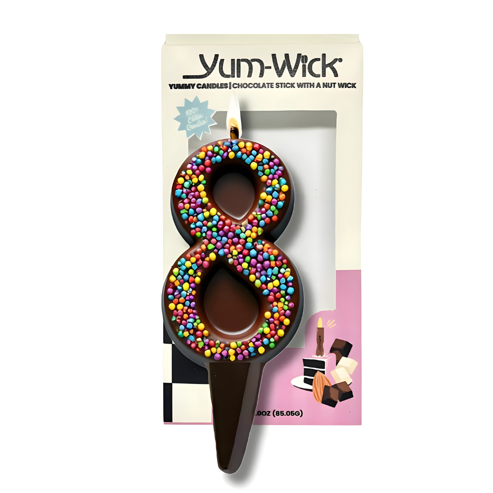Yum-Wick® Dark Chocolate Edible Birthday Candle w. Rainbow Nonpareils- Patented Almond Wick, Self-Extinguishing Flame