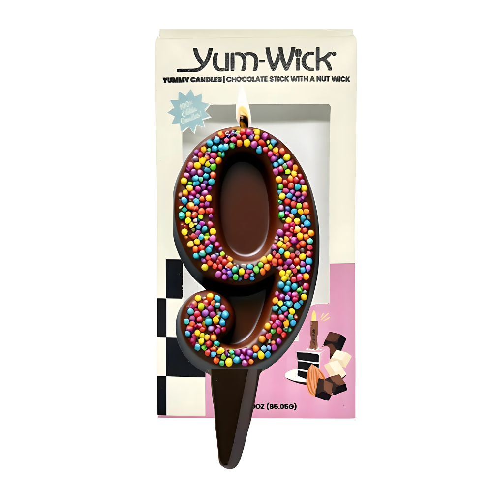 Yum-Wick® Dark Chocolate Edible Birthday Candle w. Rainbow Nonpareils- Patented Almond Wick, Self-Extinguishing Flame