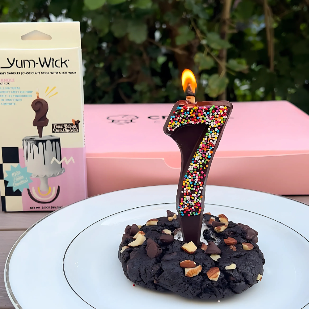 Yum-Wick® Dark Chocolate Edible Birthday Candle w. Rainbow Nonpareils- Patented Almond Wick, Self-Extinguishing Flame
