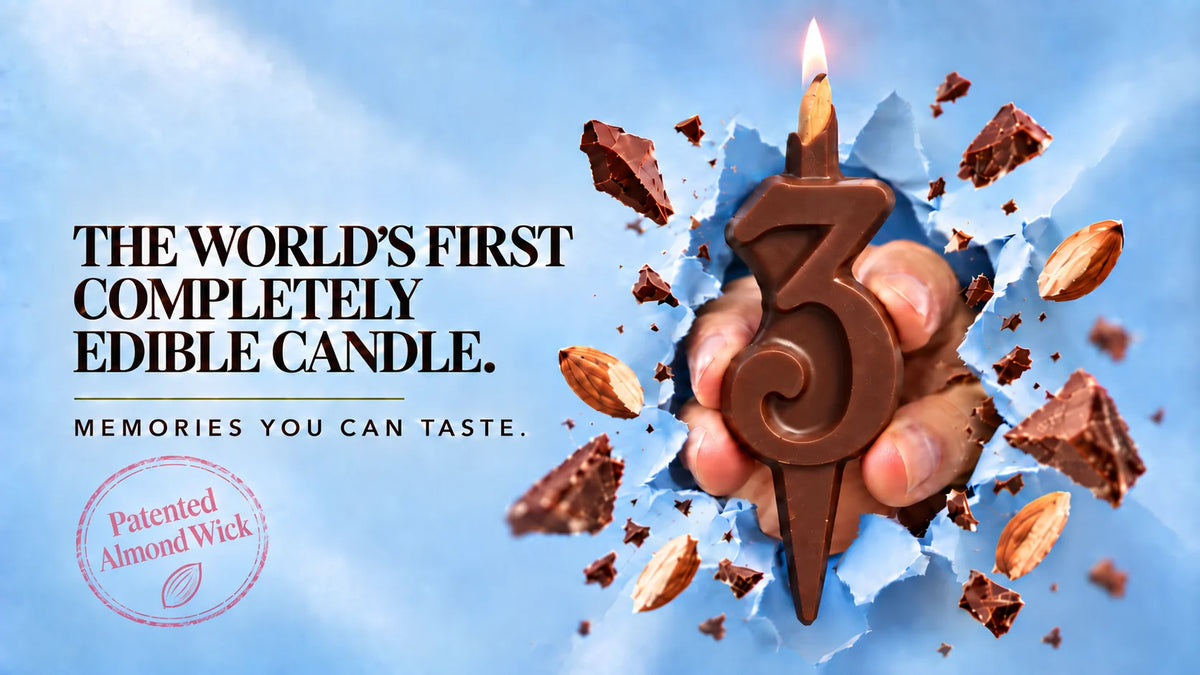 Yum-Wick edible chocolate candle. The World’s First Completely Edible Candle. Memories You Can Taste.